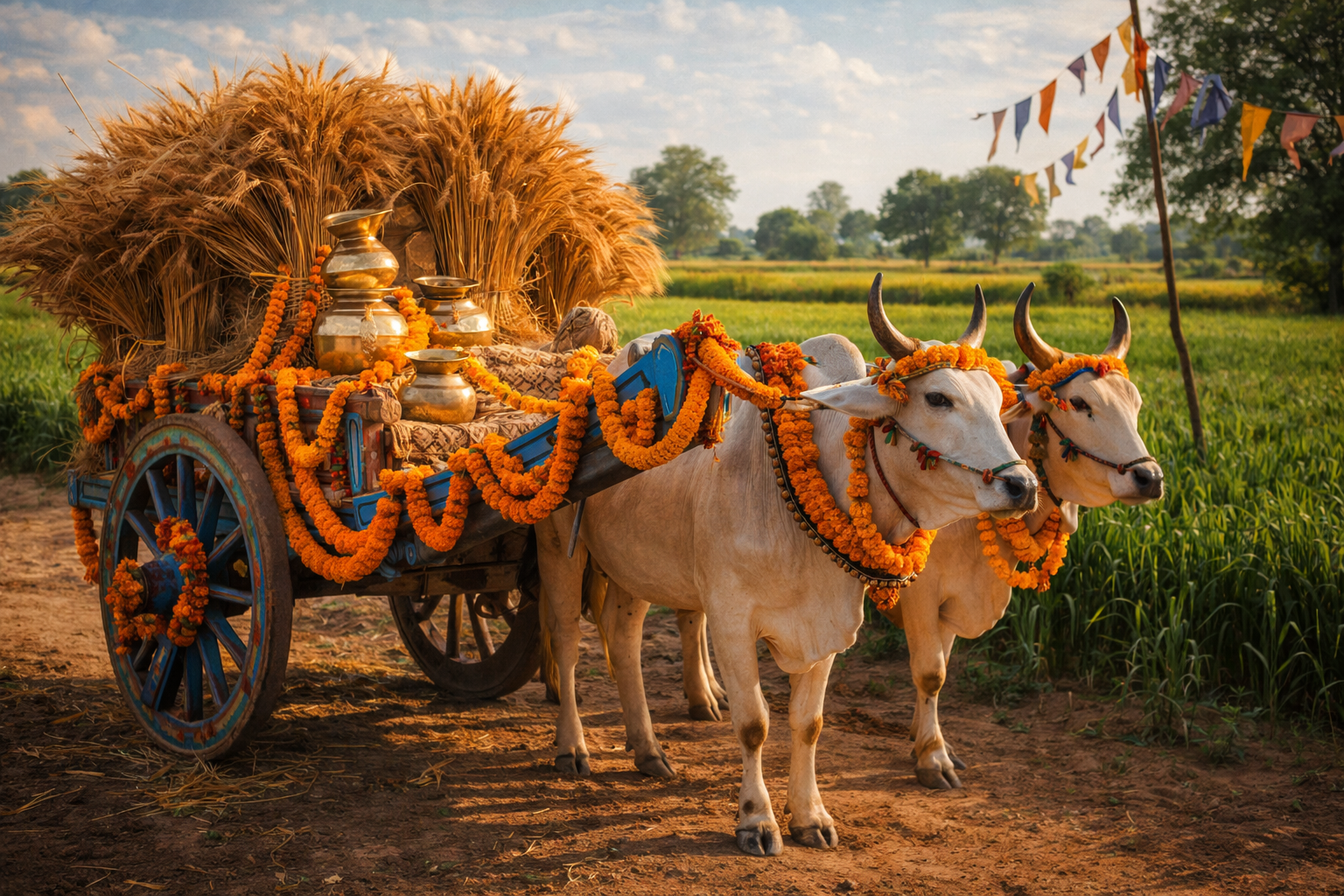 Traditional Punjabi Harvest Celebration — Bullock Cart and Wheat